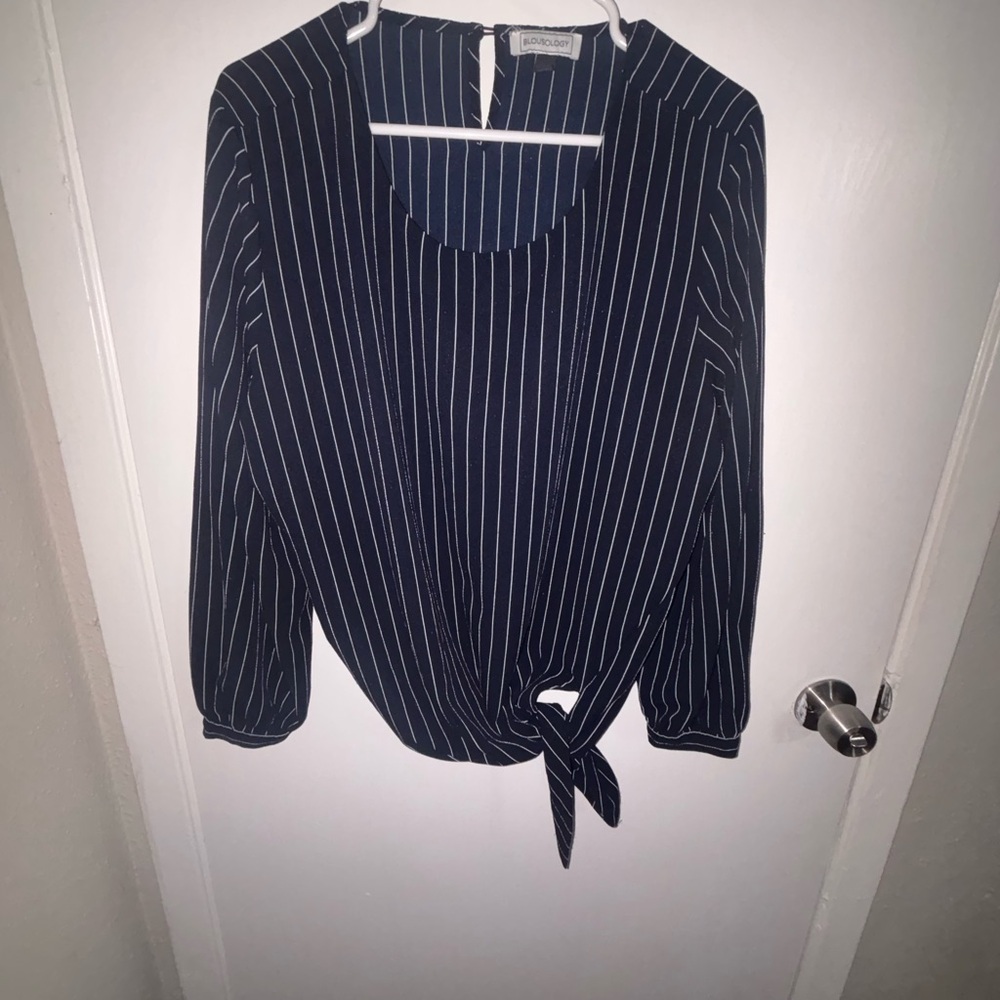 Elegant Navy Striped Blouse with Tie Detail